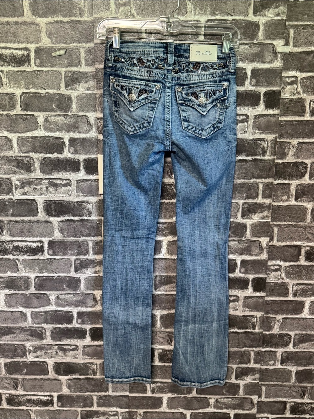 Miss Me mid rise tailored boot cut jeans bling pockets